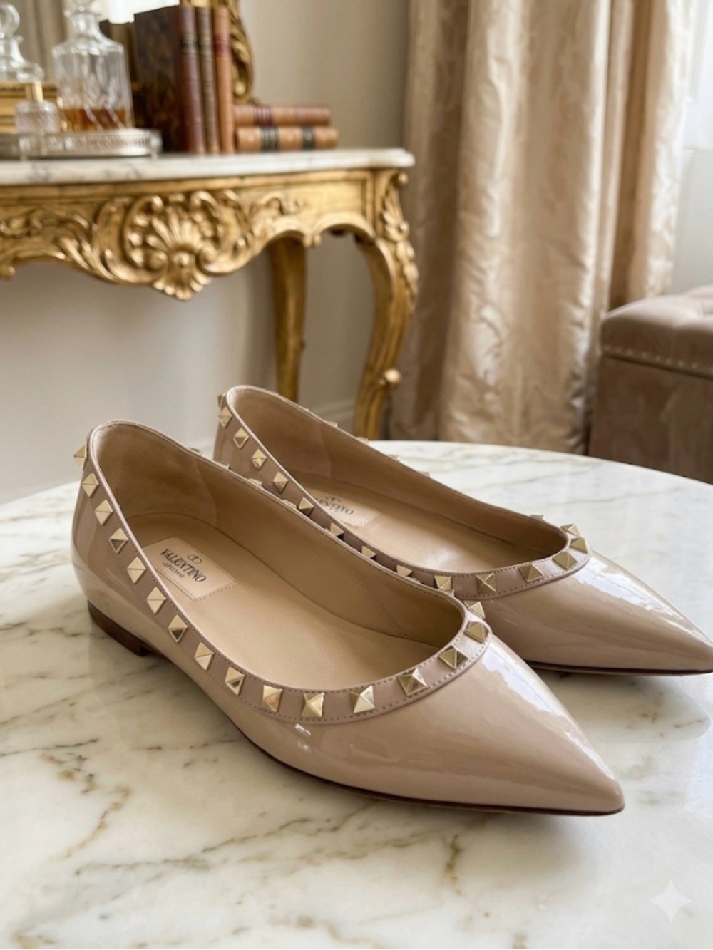 Valentino Rockstud Patent Leather Flats Nude Beige Size 36.5 6.5